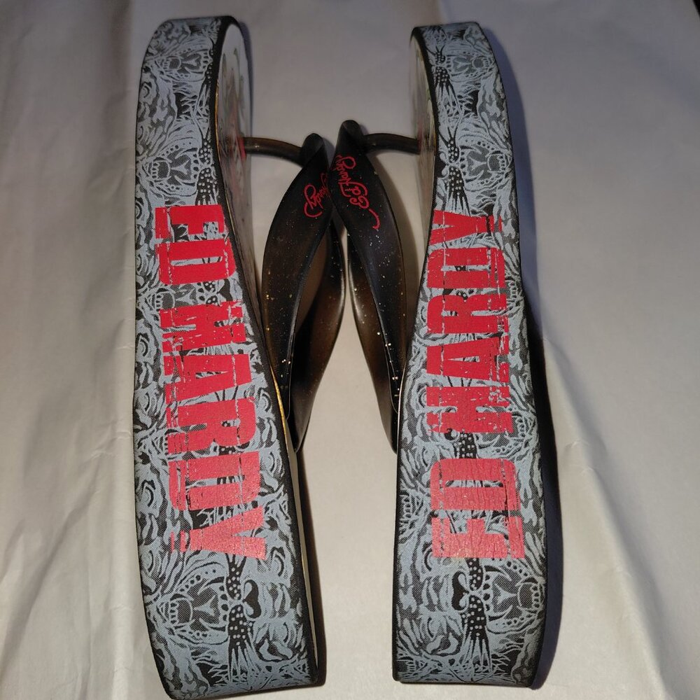 Ed Hardy Y2K Vintage SKULLS Love Kills Slow Wedge Flip Flops Size Approx. 6-6.5 - Picture 16 of 16